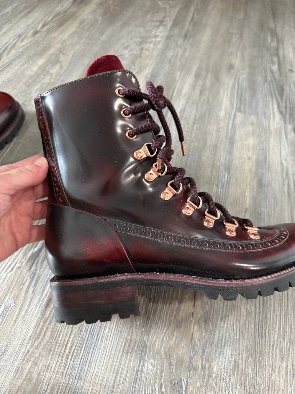 Women's Burgundy Lace-Up Wingtip Boots with Contrast Suede Tongue - Picture 8 of 8